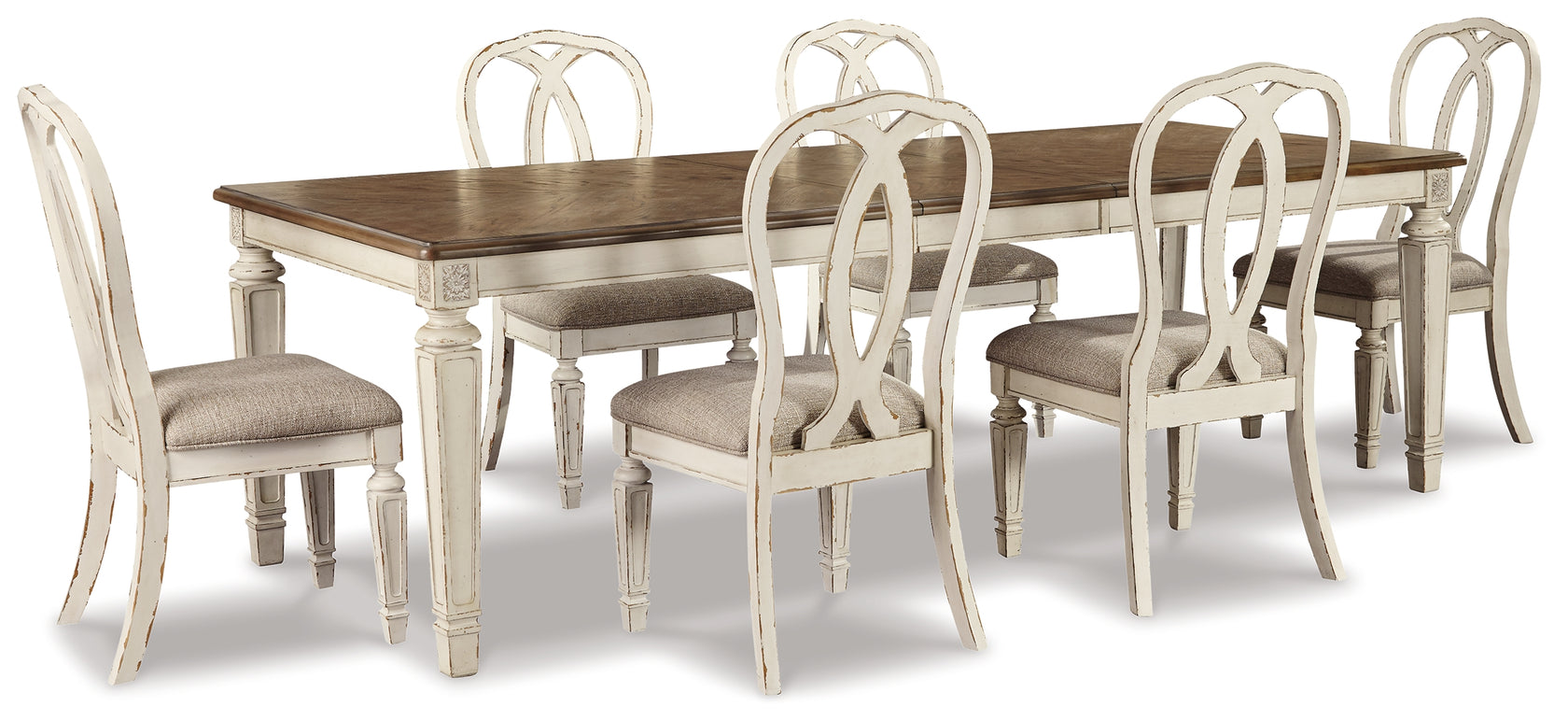 Realyn Chipped White Rectangular Extendable Dining Table and 6 Ribbon Back Chairs from Ashley Furniture - Luna Furniture