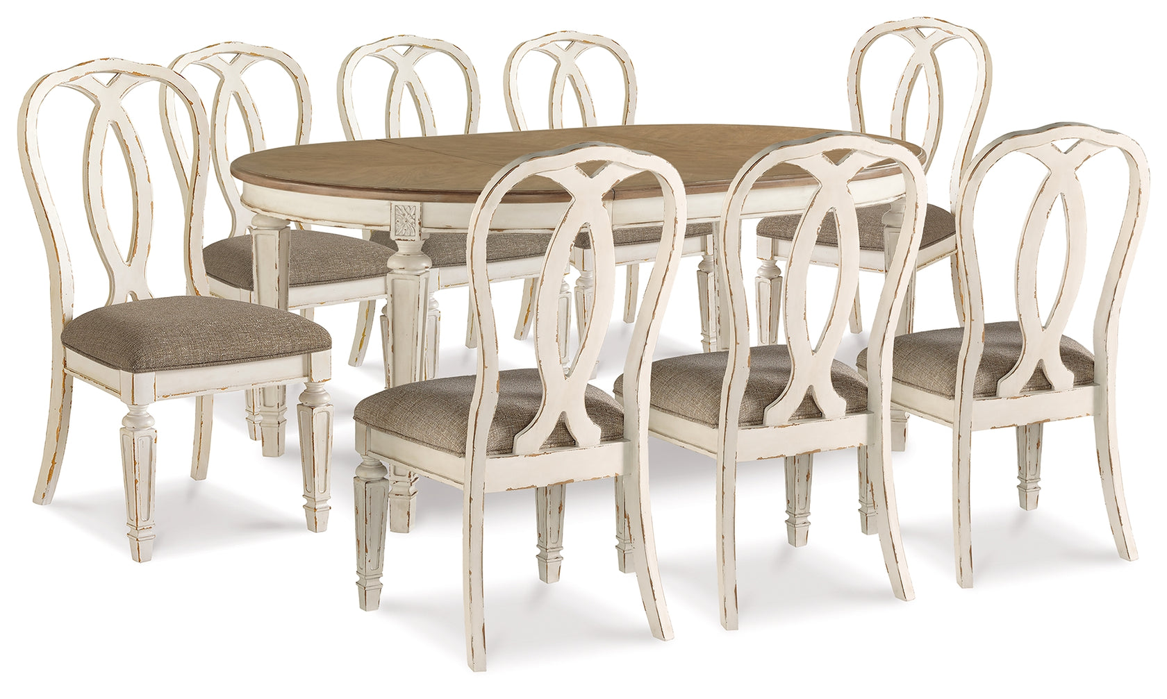 Realyn Chipped White Dining Table and 8 Ribbon Back Chairs from Ashley Furniture - Luna Furniture