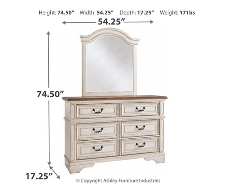 Realyn Full Panel Bed with Mirrored Dresser and Chest in Chipped White from Ashley - Luna Furniture