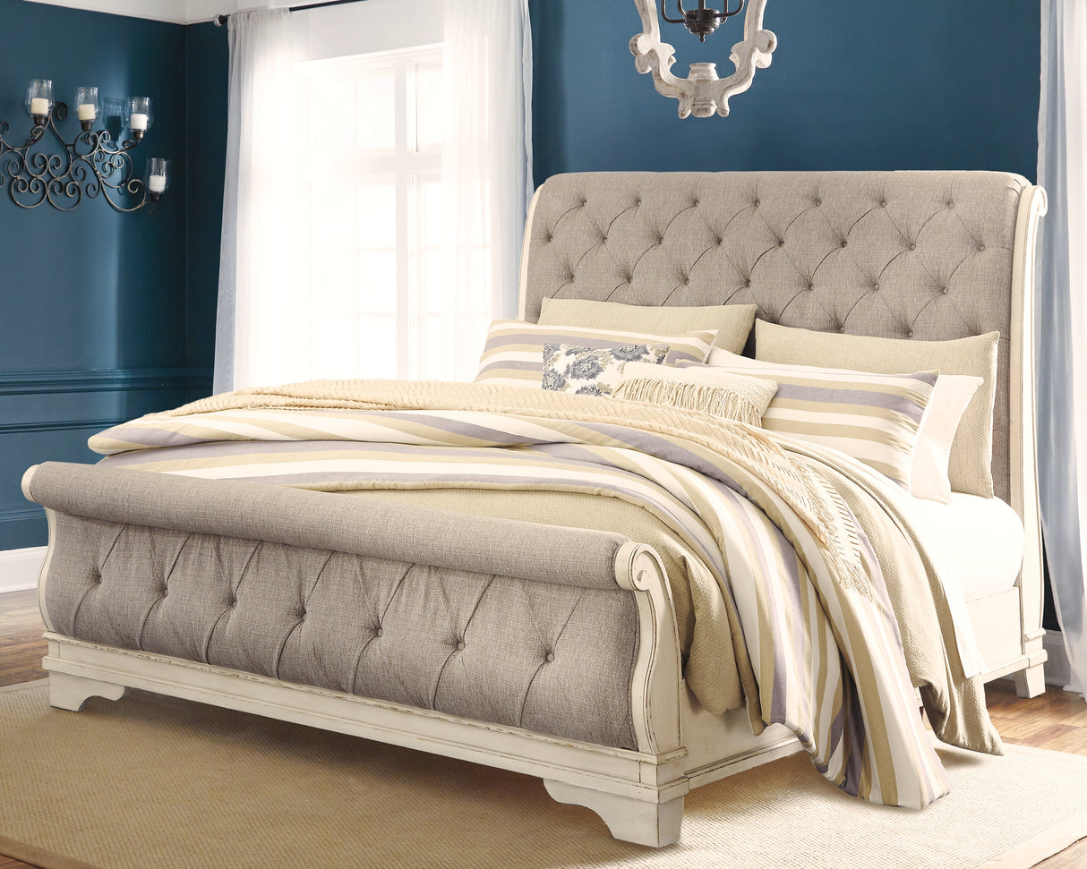Realyn Chipped White King Sleigh Bed with Mirrored Dresser and Chest from Ashley Furniture - Luna Furniture