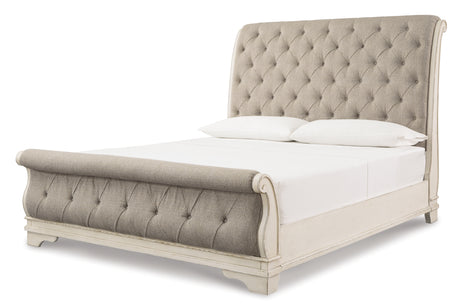 Realyn Chipped White King Sleigh Bed with Mirrored Dresser, Chest and 2 Nightstands from Ashley Furniture - Luna Furniture