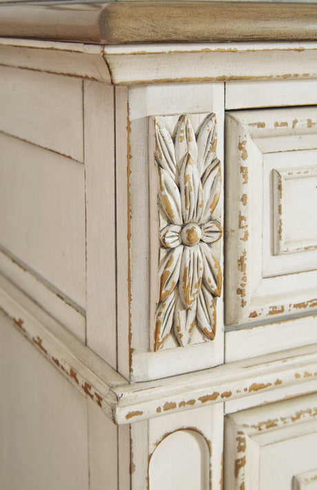 Realyn Chipped White King Sleigh Bed with Mirrored Dresser from Ashley Furniture - Luna Furniture