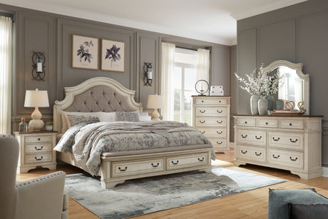 Realyn Two-Tone King Upholstered Bed with Mirrored Dresser and Chest from Ashley - Luna Furniture