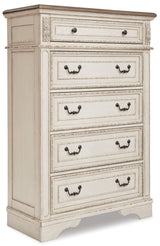 Realyn Two-Tone King Upholstered Bed with Mirrored Dresser and Chest from Ashley Furniture - Luna Furniture