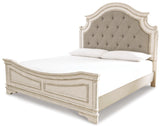 Realyn Chipped White King Upholstered Panel Bed with Mirrored Dresser, Chest and Nightstand from Ashley Furniture - Luna Furniture