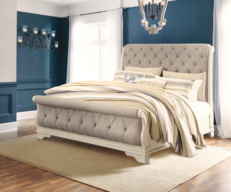 Realyn Chipped White Queen Sleigh Bed with Dresser from Ashley Furniture - Luna Furniture