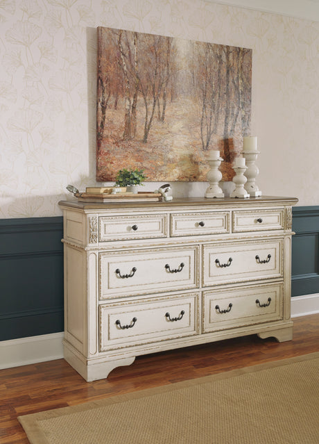 Realyn Chipped White Queen Sleigh Bed with Dresser from Ashley Furniture - Luna Furniture