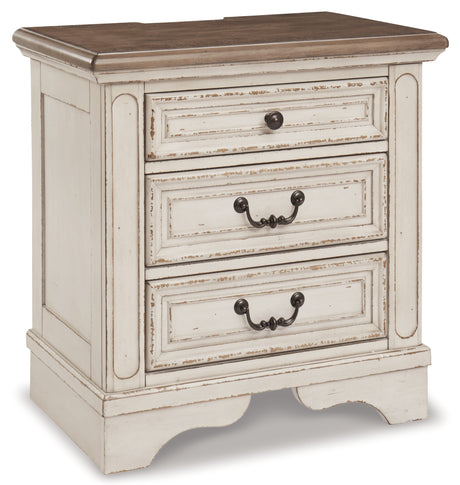 Realyn Chipped White Queen Sleigh Bed with Mirrored Dresser and 2 Nightstands from Ashley Furniture - Luna Furniture