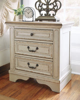 Realyn Chipped White Queen Sleigh Bed with Mirrored Dresser and 2 Nightstands from Ashley Furniture - Luna Furniture