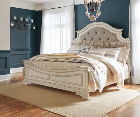 Realyn Chipped White Queen Upholstered Panel Bed with Mirrored Dresser and 2 Nightstands from Ashley - Luna Furniture