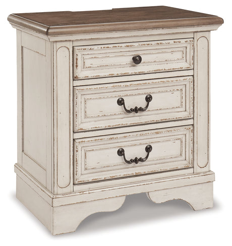 Realyn Chipped White Queen Upholstered Panel Bed with Mirrored Dresser and 2 Nightstands from Ashley - Luna Furniture