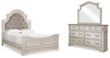 Realyn Chipped White Queen Upholstered Panel Bed with Mirrored Dresser from Ashley Furniture - Luna Furniture