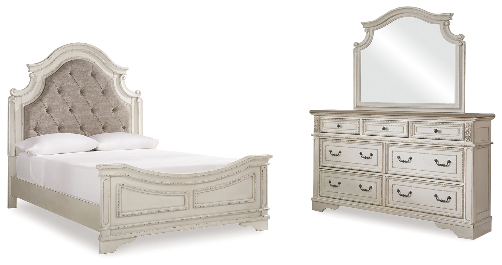 Realyn Chipped White Queen Upholstered Panel Bed with Mirrored Dresser from Ashley Furniture - Luna Furniture