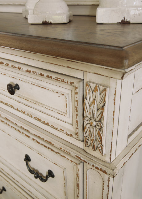 Realyn Chipped White Queen Upholstered Panel Bed with Mirrored Dresser from Ashley Furniture - Luna Furniture