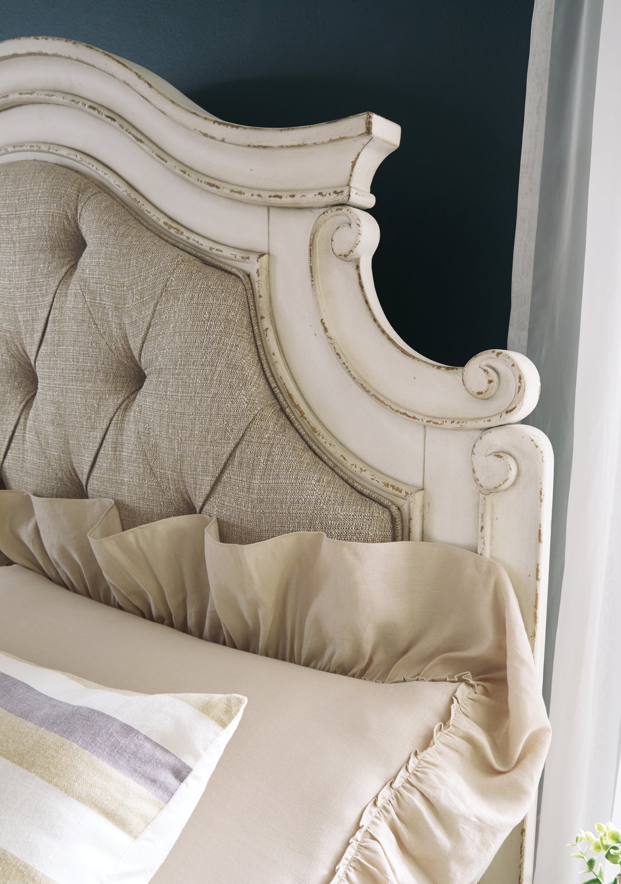 Realyn Chipped White Queen Upholstered Panel Bed with Mirrored Dresser from Ashley Furniture - Luna Furniture