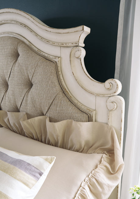 Realyn Chipped White Queen Upholstered Panel Bed with Mirrored Dresser from Ashley Furniture - Luna Furniture