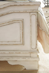 Realyn Chipped White Queen Upholstered Panel Bed with Mirrored Dresser from Ashley Furniture - Luna Furniture