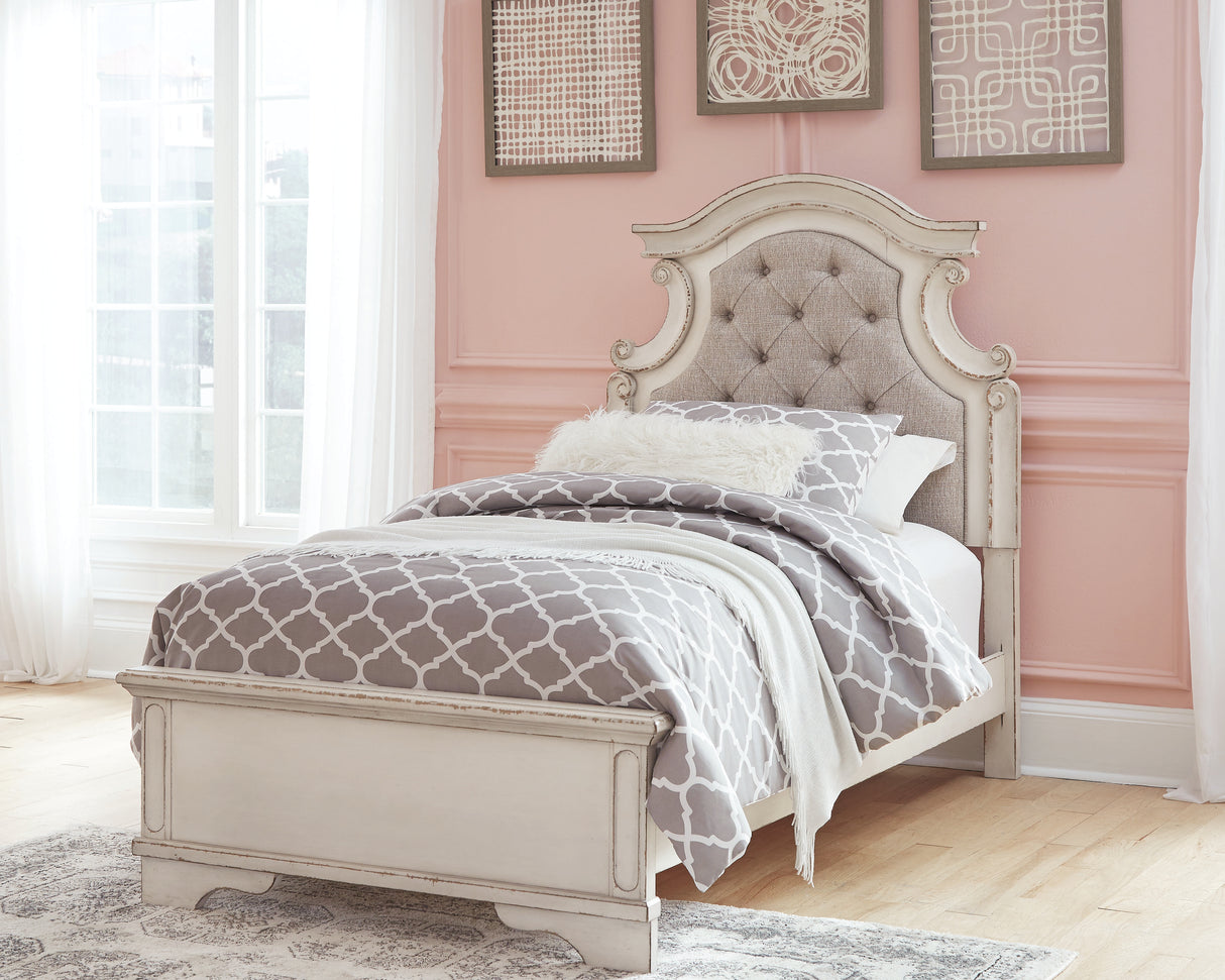 Realyn Chipped White Twin Panel Bed with Mirrored Dresser and Chest from Ashley - Luna Furniture
