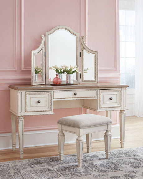 Realyn Two-tone Full Panel Bed, Dresser, Mirror, 3-Piece Vanity and Nightstand from Ashley - Luna Furniture