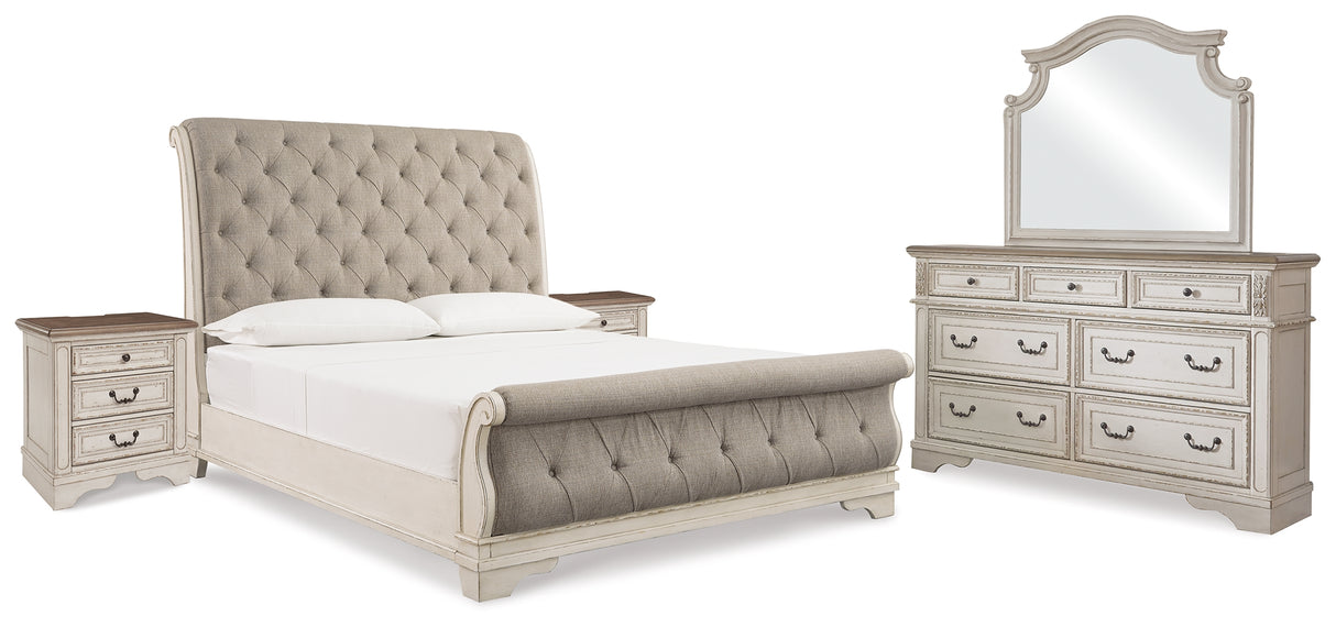 Realyn Two-tone King Upholstered Sleigh Bed, Dresser, Mirror and 2 Nightstands from Ashley - Luna Furniture