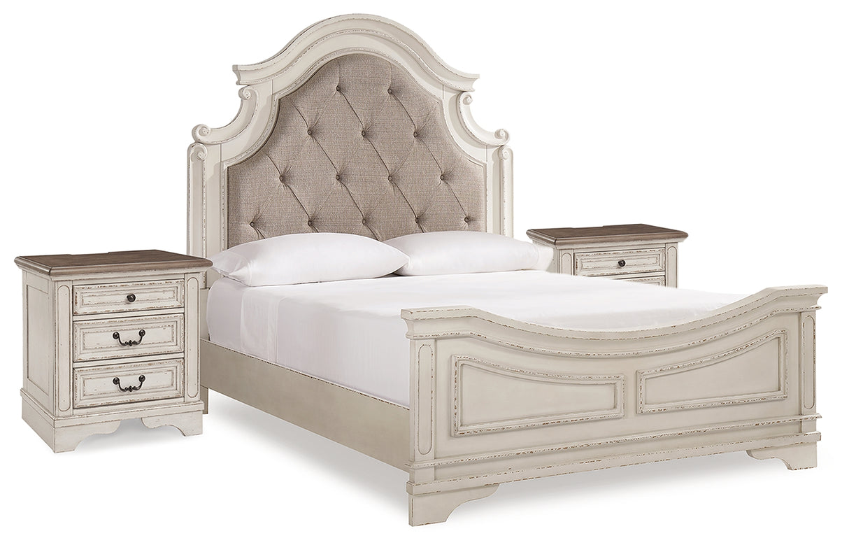 Realyn Two-tone Queen Upholstered Panel Bed and 2 Nightstands from Ashley - Luna Furniture