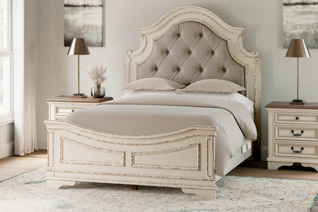 Realyn Two-tone Queen Upholstered Panel Bed, Dresser, Mirror, Chest and Nightstand from Ashley - Luna Furniture