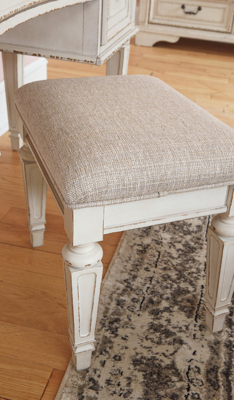 Realyn Two-tone Queen Upholstery Panel Bed, Dresser, Chest, Nightstand, and Vanity Set from Ashley - Luna Furniture