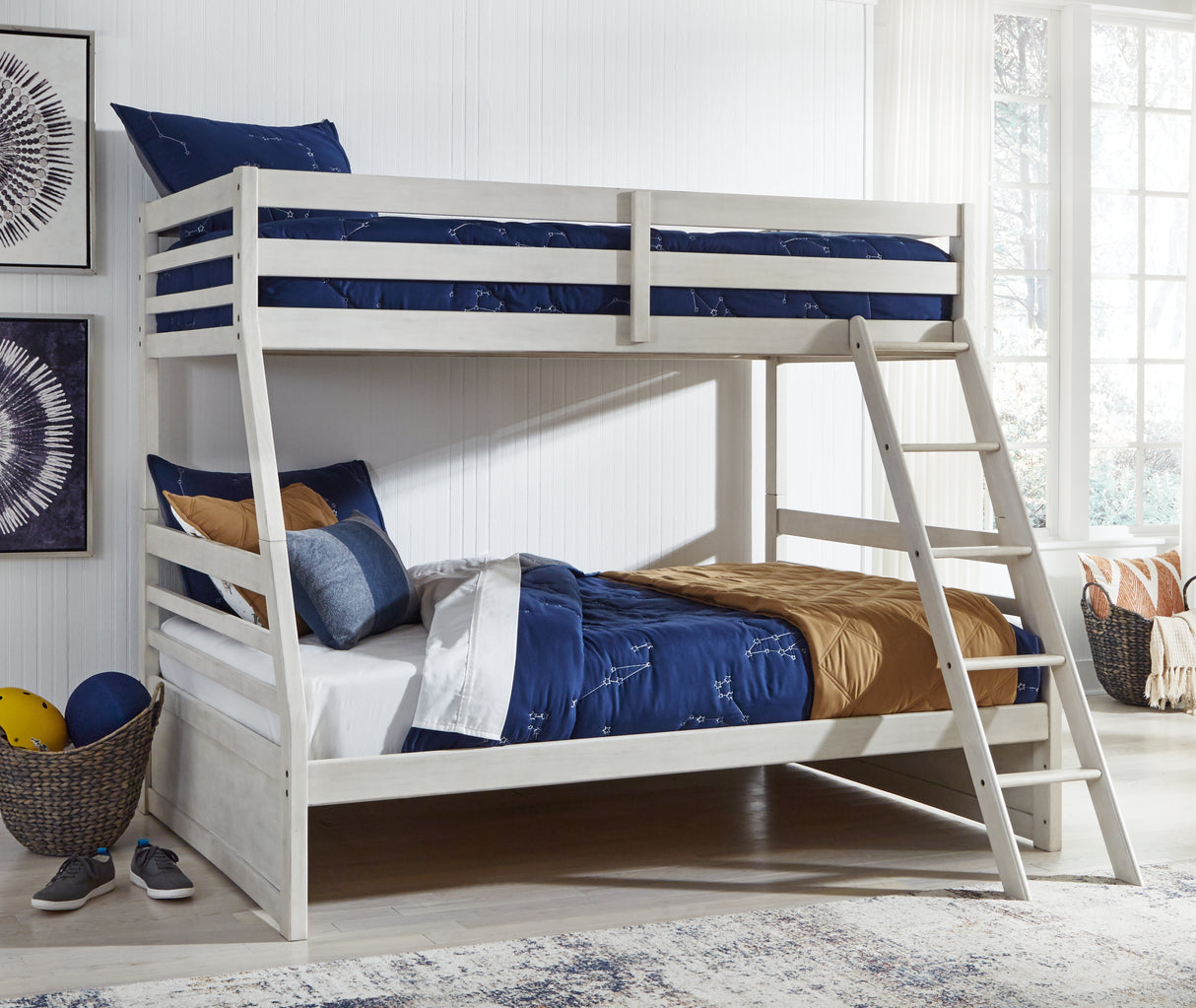 Robbinsdale Antique White Twin over Full Bunk Bed and Mattresses from Ashley - Luna Furniture