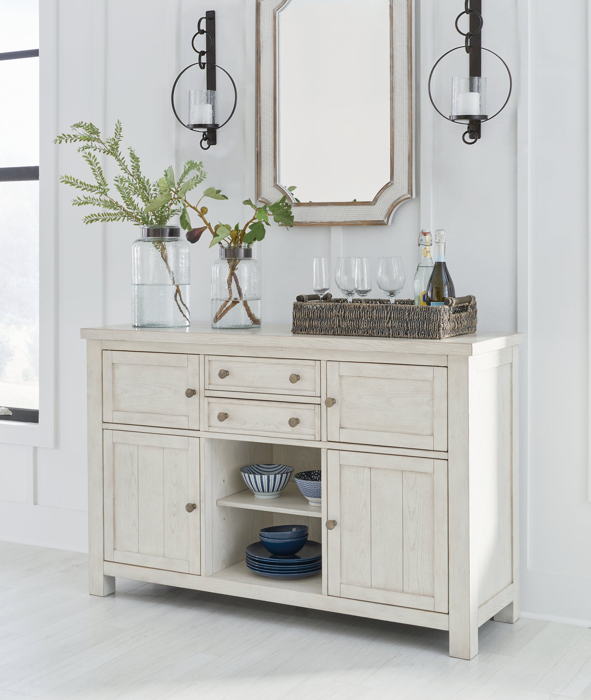 Robbinsdale Antique White Counter Height Dining Table and 6 Barstools and Bench with Storage from Ashley Furniture - Luna Furniture