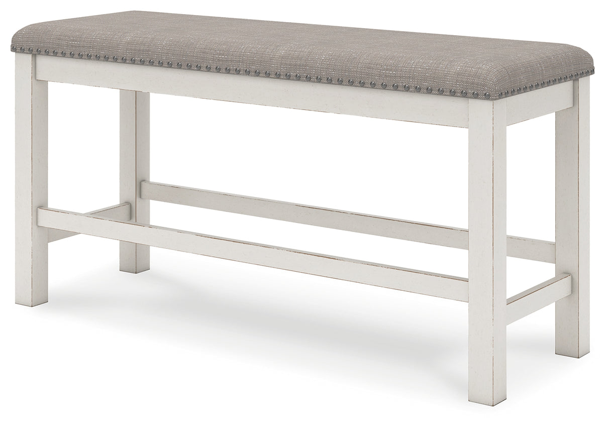 Robbinsdale Antique White Counter Height Dining Table and 6 Barstools and Bench with Storage from Ashley Furniture - Luna Furniture