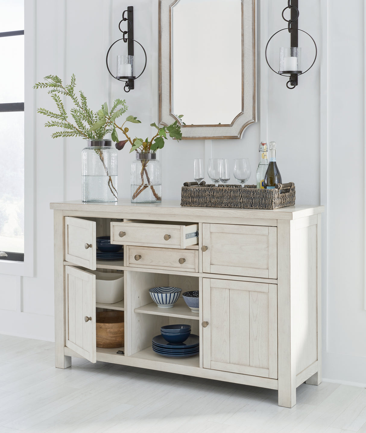 Robbinsdale Antique White Counter Height Dining Table and 6 Barstools with Storage from Ashley Furniture - Luna Furniture