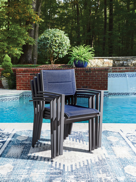 Rocky Creek Blue/Gray Outdoor Sling Arm Chair (Set of 4) from Ashley - Luna Furniture