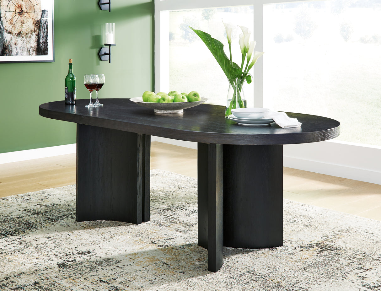 Rowanbeck Dining Table and 6 Chairs with Storage in Black from Ashley Furniture - Luna Furniture