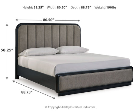 Rowanbeck King Upholstered Panel Bed with Dresser and 2 Nightstands in Gray/Black from Ashley - Luna Furniture