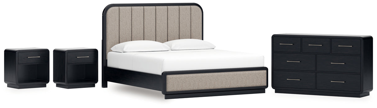 Rowanbeck King Upholstered Panel Bed with Dresser and 2 Nightstands in Gray/Black from Ashley - Luna Furniture