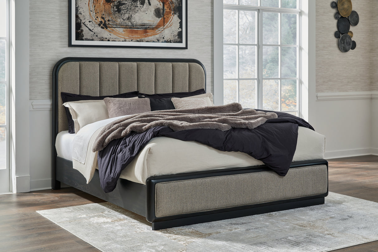 Rowanbeck King Upholstered Panel Bed with Dresser and 2 Nightstands in Gray/Black from Ashley - Luna Furniture