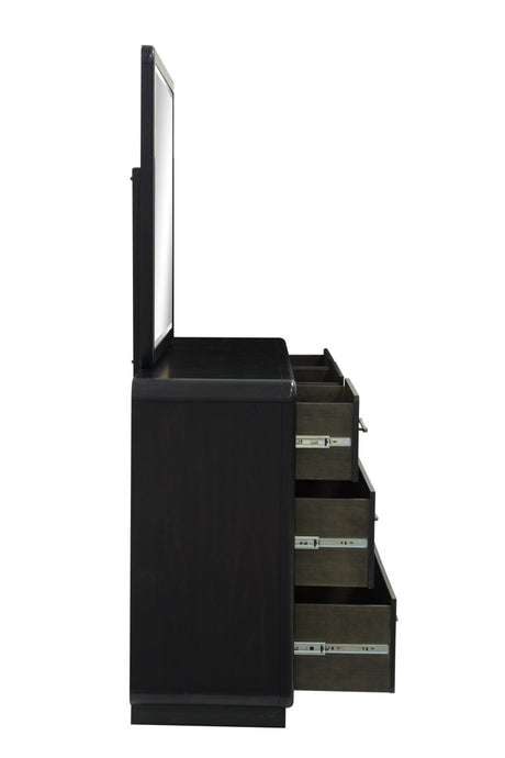 Rowanbeck King Upholstered Panel Bed with Mirrored Dresser and 2 Nightstands in Gray/Black from Ashley - Luna Furniture