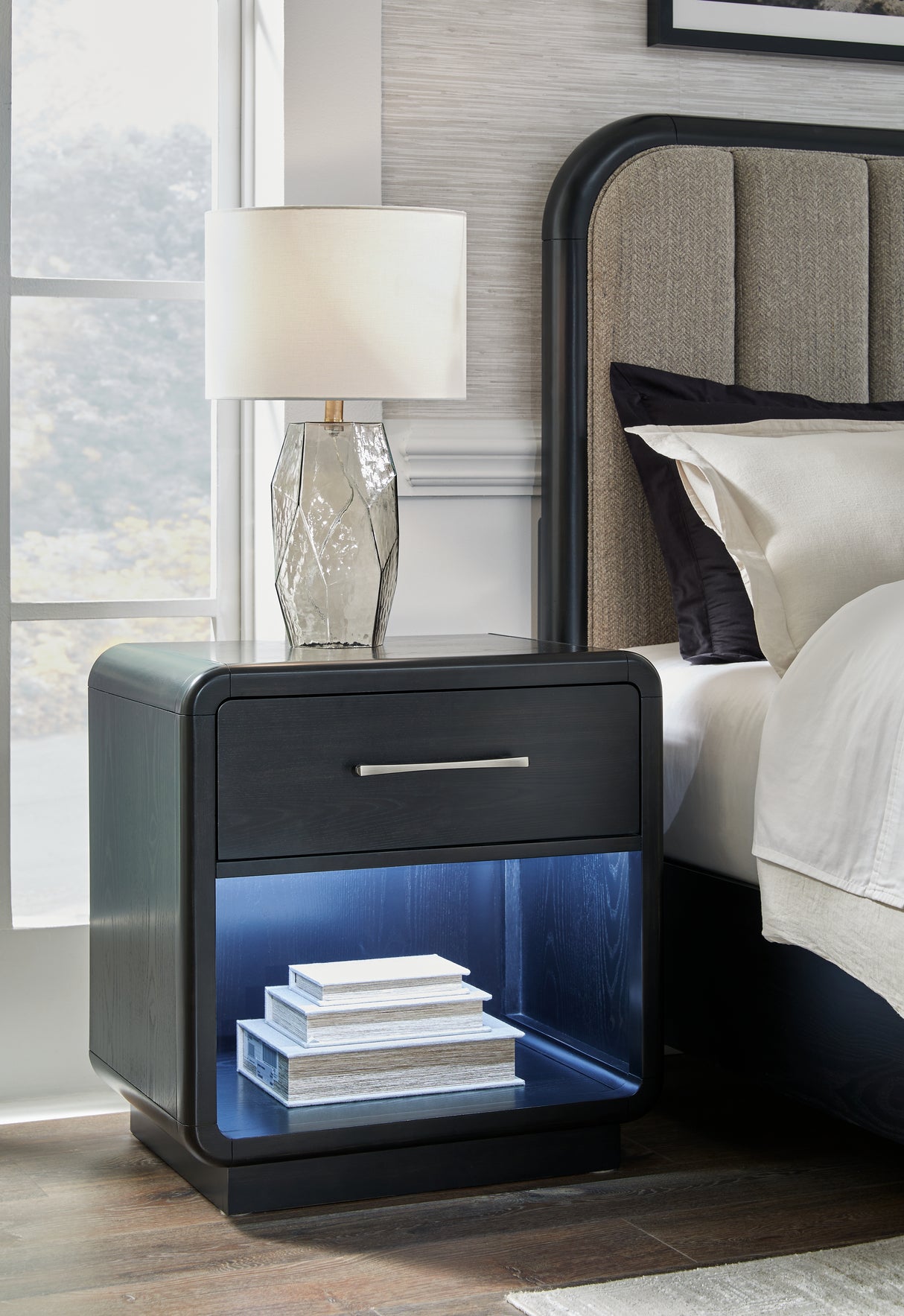 Rowanbeck King Upholstered Panel Bed with Mirrored Dresser and Nightstand in Gray/Black from Ashley - Luna Furniture