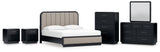 Rowanbeck King Upholstered Panel Bed with Mirrored Dresser, Chest and 2 Nightstands in Gray/Black from Ashley - Luna Furniture