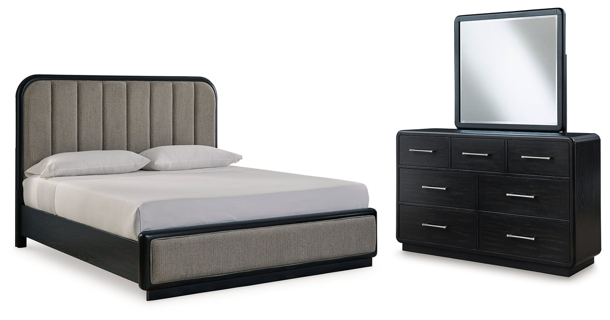 Rowanbeck King Upholstered Panel Bed with Mirrored Dresser in Gray/Black from Ashley - Luna Furniture