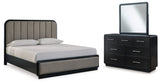 Rowanbeck King Upholstered Panel Bed with Mirrored Dresser in Gray/Black from Ashley - Luna Furniture