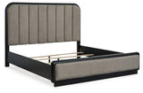 Rowanbeck King Upholstered Panel Bed with Mirrored Dresser in Gray/Black from Ashley - Luna Furniture