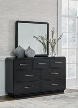 Rowanbeck King Upholstered Panel Bed with Mirrored Dresser in Gray/Black from Ashley - Luna Furniture
