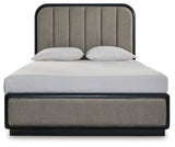 Rowanbeck Gray/Black Queen Upholstered Panel Bed with 2 Nightstands from Ashley - Luna Furniture