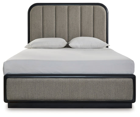 Rowanbeck Gray/Black Queen Upholstered Panel Bed with 2 Nightstands from Ashley Furniture - Luna Furniture