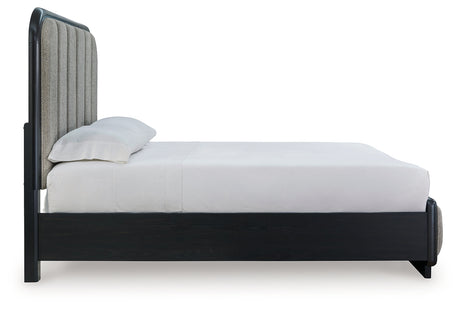 Rowanbeck Gray/Black Queen Upholstered Panel Bed with 2 Nightstands from Ashley - Luna Furniture