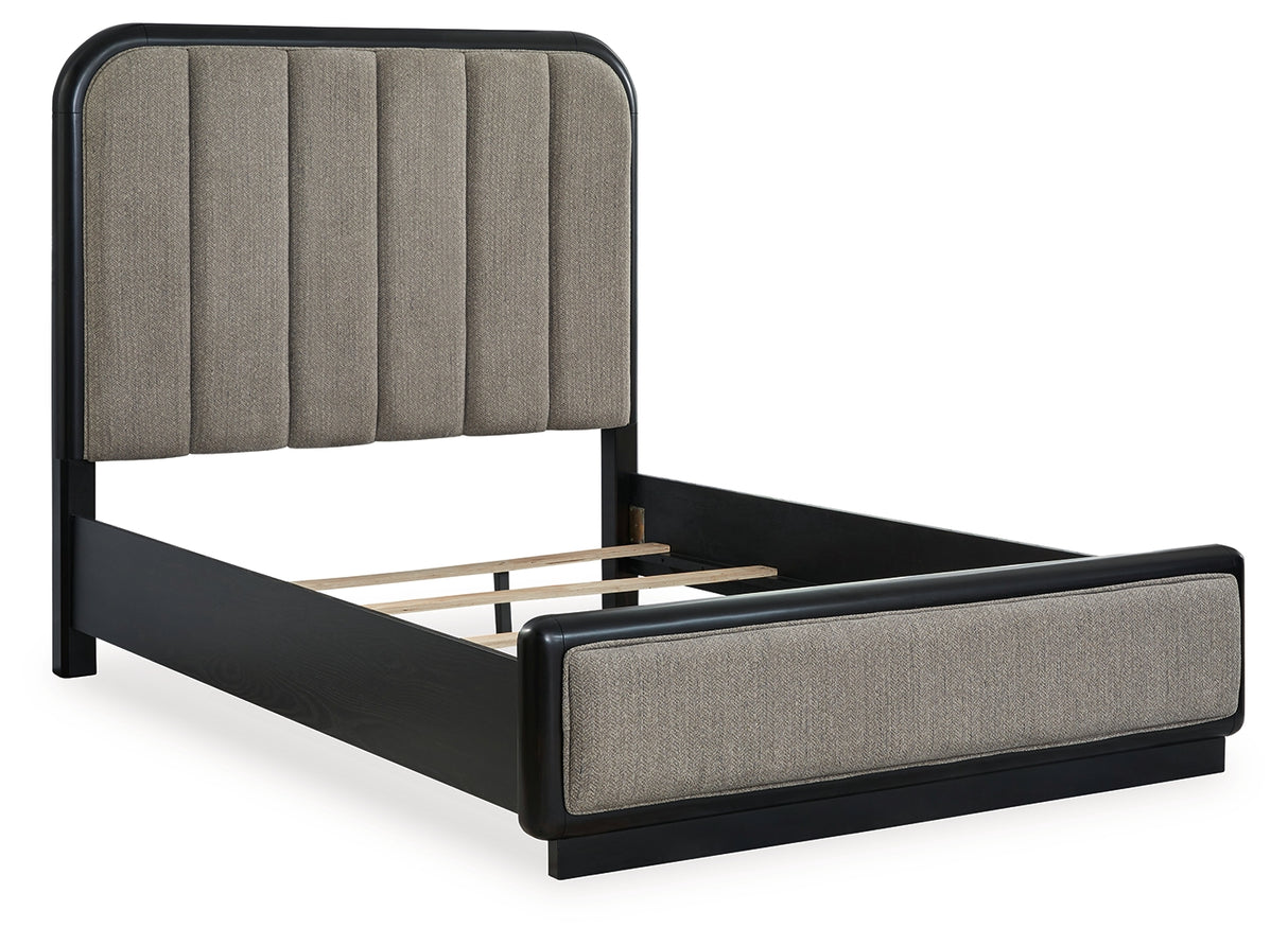 Rowanbeck Gray/Black Queen Upholstered Panel Bed with 2 Nightstands from Ashley - Luna Furniture