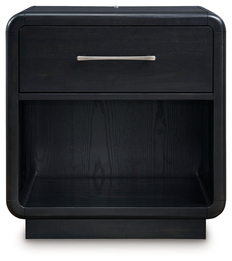 Rowanbeck Gray/Black Queen Upholstered Panel Bed with 2 Nightstands from Ashley - Luna Furniture