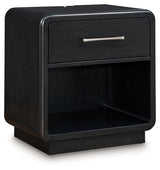 Rowanbeck Gray/Black Queen Upholstered Panel Bed with 2 Nightstands from Ashley - Luna Furniture