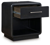 Rowanbeck Gray/Black Queen Upholstered Panel Bed with 2 Nightstands from Ashley - Luna Furniture